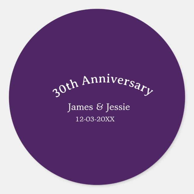 Pegatina Redonda 30th wedding anniversary name date purple simple  (Anverso)