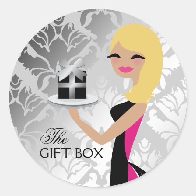 Pegatina Redonda 311 Caja de regalo Cutie Wavy Blonde Damask (Anverso)