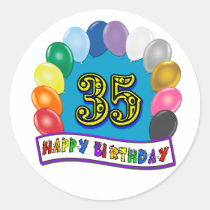 Pegatina Redonda 35to Diseño de los globos del cumpleaños