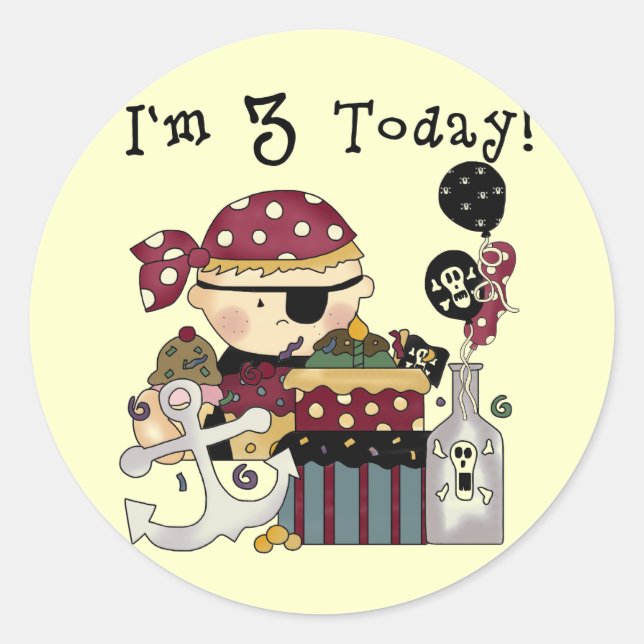 Pegatina Redonda 3.ª camiseta y regalo pirata de cumpleaños (Anverso)