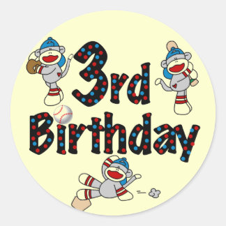 Pegatina Redonda 3.ᵉʳ cumpleaños del Béisbol de los monos Sock