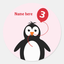 Pegatina Redonda 3.ᵉʳ pingüino de cumpleaños añadir el nombre rosad