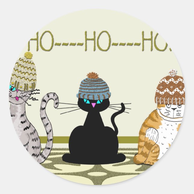 Pegatina Redonda 3 Gatos Con Navidades Gorras (Anverso)