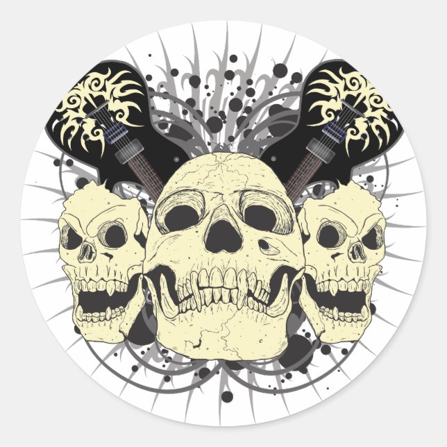 Pegatina Redonda 3 Guitarras de cráneo (Anverso)