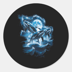 Pegatina Redonda 3 Orcas Moon Retro Océano Marino Animal