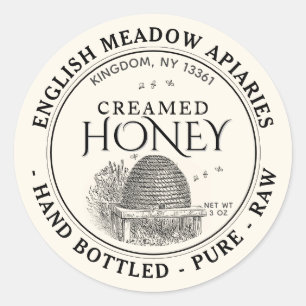 Pegatina Redonda 3 OZ CREAMED Honey Label Hand Bottled Raw