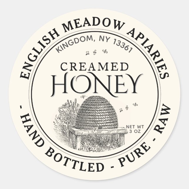 Pegatina Redonda 3 OZ CREAMED Honey Label Hand Bottled Raw (Anverso)