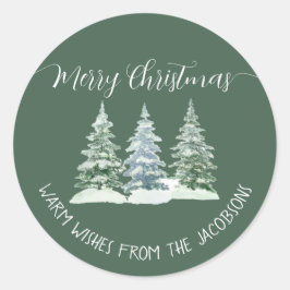 Pegatina Redonda 3 pinos rústicos sauce verde Navidad feliz