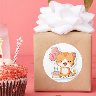 Pegatina Redonda 3er cumpleaños, Gatito con globos y pastel,  