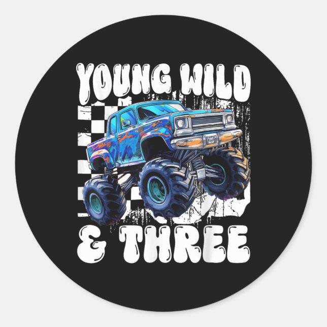Pegatina Redonda 3rd Birthday Monster Truck Young Wild And Three 3  (Anverso)