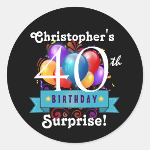 Pegatina Redonda 40.ª SORPRESA Balones de cumpleaños Negro B40Z3