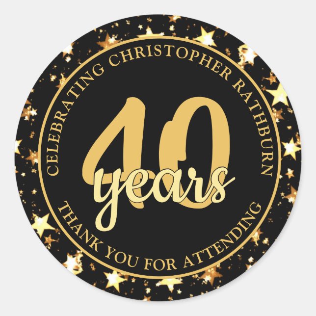 Pegatina Redonda 40.º cumpleaños Estrellas de oro y negro GRACIAS (Anverso)