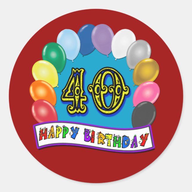 Pegatina Redonda 40.º diseño de globos de cumpleaños (Anverso)