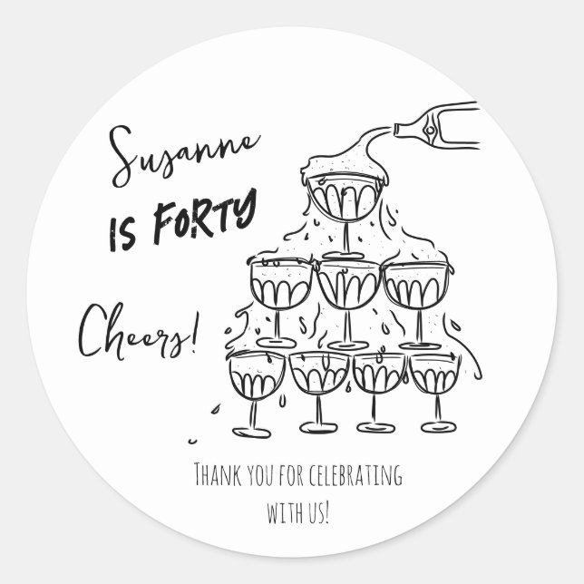 Pegatina Redonda 40 años Cumpleaños Torre de Champagne funky (Anverso)