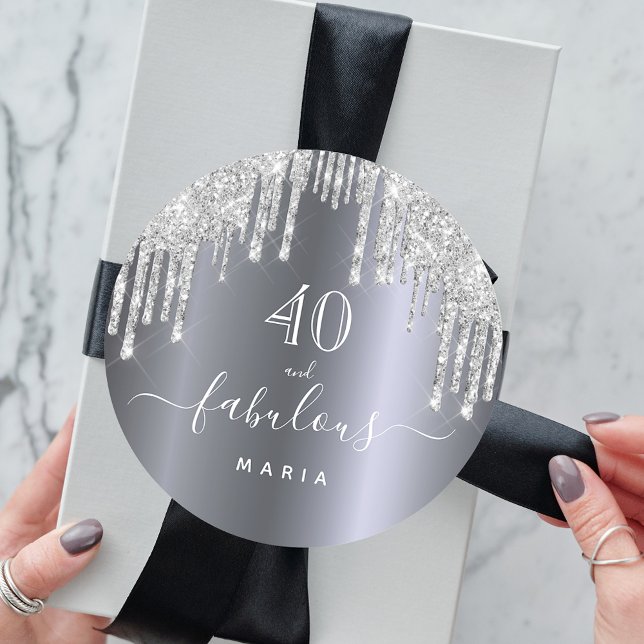 Pegatina Redonda 40 fabulosos cumpleaños purpurina de plata gotea n (Subido por el creador)