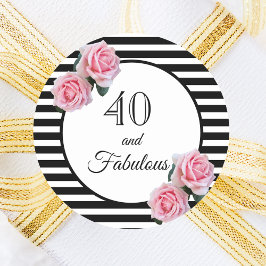 Pegatina Redonda 40 fabulosos cumpleaños rayas negras flores rosada
