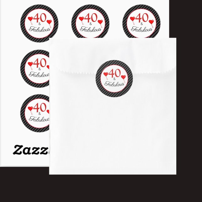 Pegatina Redonda 40 y fabulosa franja blanca roja 40 de cumpleaños (40 & Fabulous Red 40th Birthday Black White Stripe Classic Round Sticker)