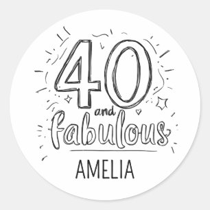 Pegatina Redonda 40 y fabuloso Doodle Feliz Cumpleaños 