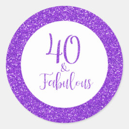 Pegatina Redonda 40 y fabuloso Purpurina púrpura de cumpleaños