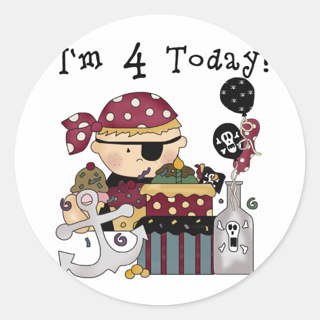 Pegatina Redonda 4.ª Camiseta y Regalos Piratas de Cumpleaños (Anverso)