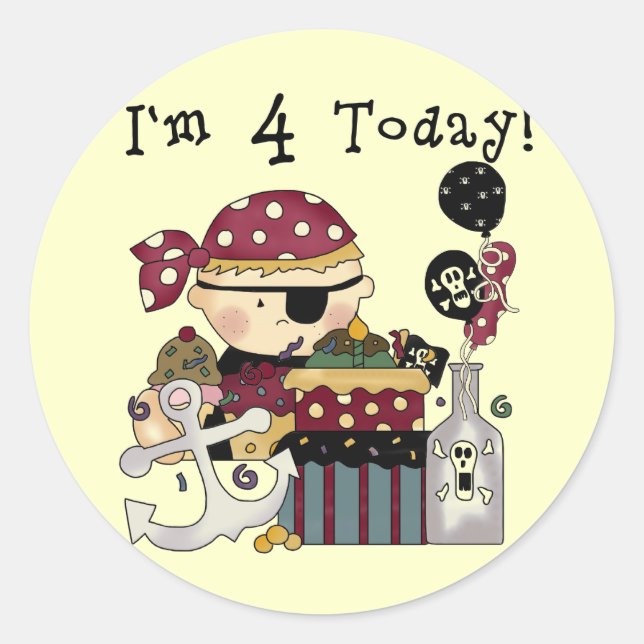 Pegatina Redonda 4.ª Camiseta y Regalos Piratas de Cumpleaños (Anverso)