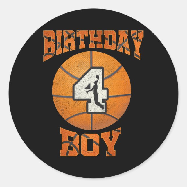 Pegatina Redonda 4.º Nacimiento Niño Baloncesto De Cuatro Años (Anverso)