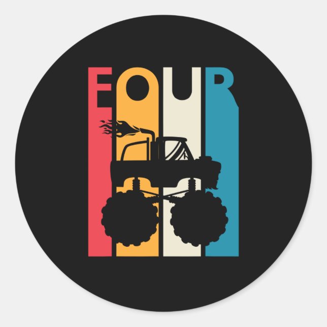 Pegatina Redonda 4.º Regalo de cumpleaños Cuatro Camiones Monstruos (Anverso)