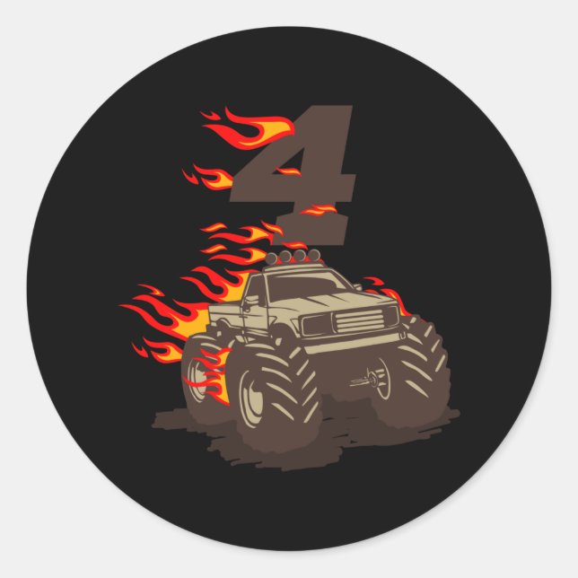 Pegatina Redonda 4 CUMPLEAÑOS MONSTRUO CAMIÓN 4º Camión de cumpleañ (Anverso)