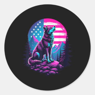Pegatina Redonda 4 De Julio Bandera Estadounidense Howling Wolf Baj