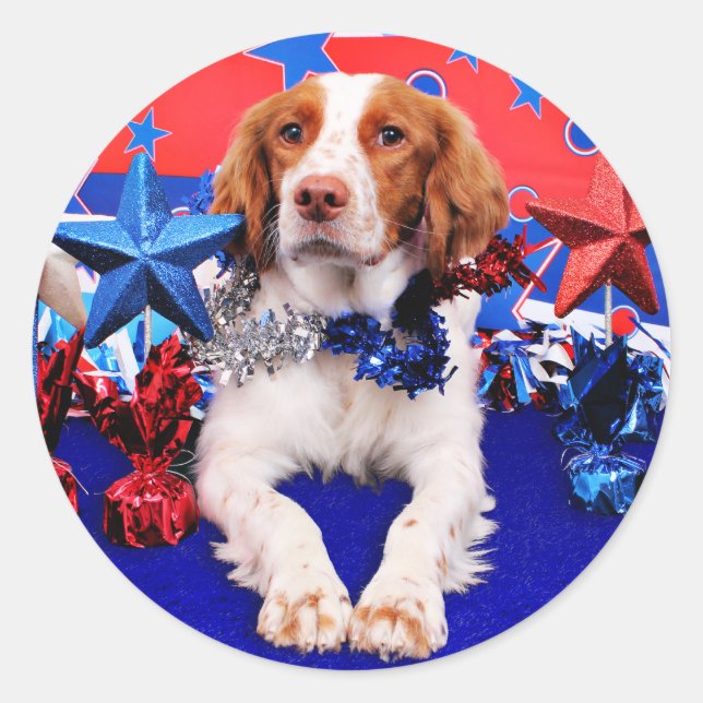 Pegatina Redonda 4 de julio - Brittany Spaniel - Charlie (Anverso)