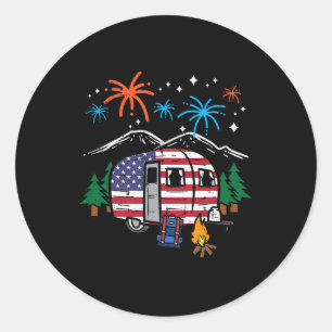 Pegatina Redonda 4 de julio Camper Van Us Bandera Patriótica Campin