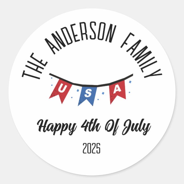 Pegatina Redonda 4 de julio Día de la Independencia Nombre personal (Anverso)