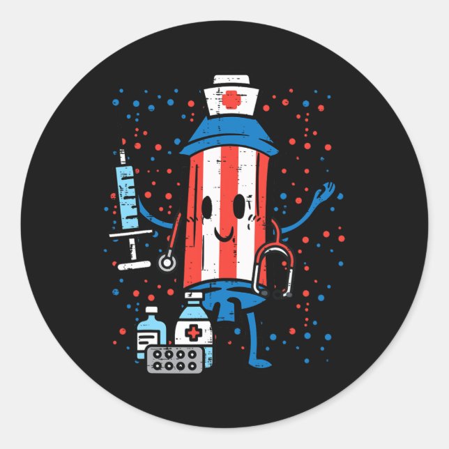 Pegatina Redonda 4 De Julio Enfermera De Firecracker Funny America  (Anverso)
