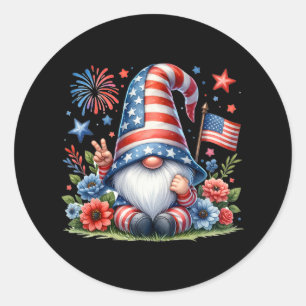 Pegatina Redonda 4 De Julio Estadounidense Patriótico Gnome Usa Ind