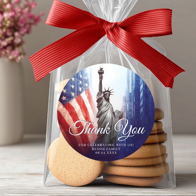 Pegatina Redonda 4 de julio Estatua de la Libertad América gracias (4th July Statue of Liberty America Thank You Favor Classic Round Sticker)