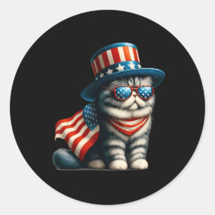 Pegatina Redonda 4 De Julio Gato Bandera Estadounidense Gato Amante