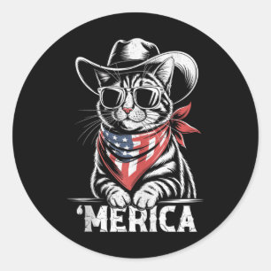 Pegatina Redonda 4 De Julio Gato Cowboy Merica Kitten Patriot Boys