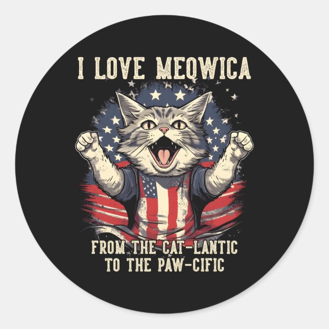 Pegatina Redonda 4 De Julio Gato Que Amo Gato Patriótico De Meowica (Anverso)