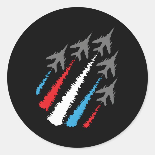 Pegatina Redonda 4 De Julio, Jets Estadounidenses Con Trai Azul Bla (Anverso)