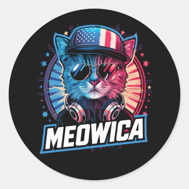 Pegatina Redonda 4 de julio, Meowica 4.º gato Bandera estadounidens (Anverso)