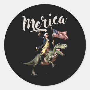 Pegatina Redonda 4 De Julio Merica George Washington Riding A Dino