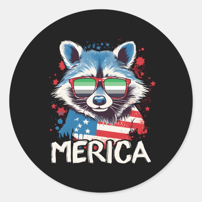 Pegatina Redonda 4 De Julio Merica Raccoon Arotic Sungantebandera (Anverso)