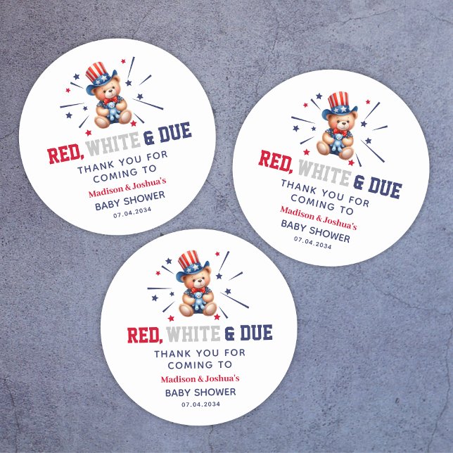 Pegatina Redonda 4 De Julio Muchacho Baby Shower Oso Gracias (4th Of July Boy Baby Shower Bear Thank You Classic Round Sticker
)