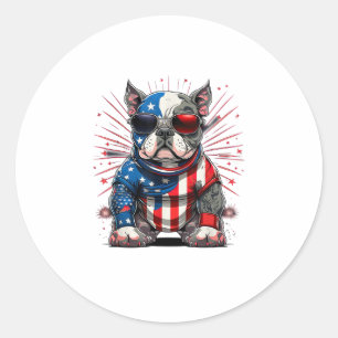 Pegatina Redonda 4 de julio Patriótico Americano Bully Dog Bandera