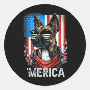 Pegatina Redonda 4 De Julio Patriótico Belga Malinois Dog Merica