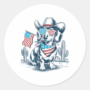 Pegatina Redonda 4 De Julio Patriótico Dachshund Vaquero Perro Usa