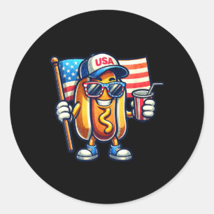 Pegatina Redonda 4 De Julio Patriótico Divertido Hot Dog Bandera De