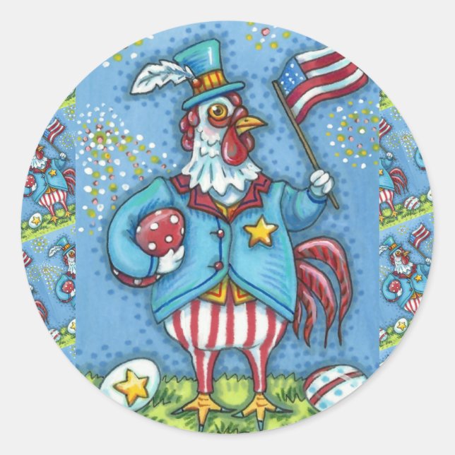 PEGATINA REDONDA 4 DE JULIO ROOSTER, FUNNY PATRIOTA CHICKEN (Anverso)