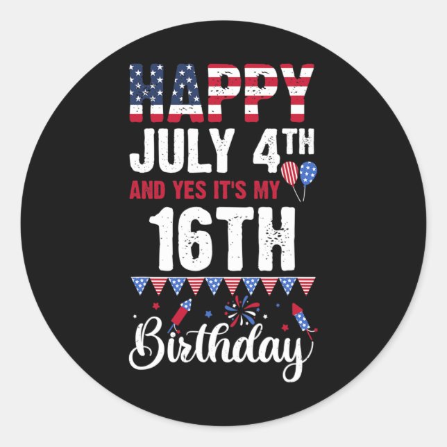 Pegatina Redonda 4 de julio y sí, es mi 16 cumpleaños, flor estadou (Anverso)