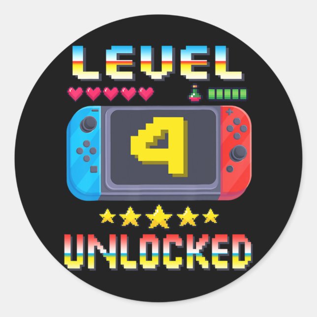 Pegatina Redonda 4 Videojuego de camisetas de cumpleaños desbloquea (Anverso)